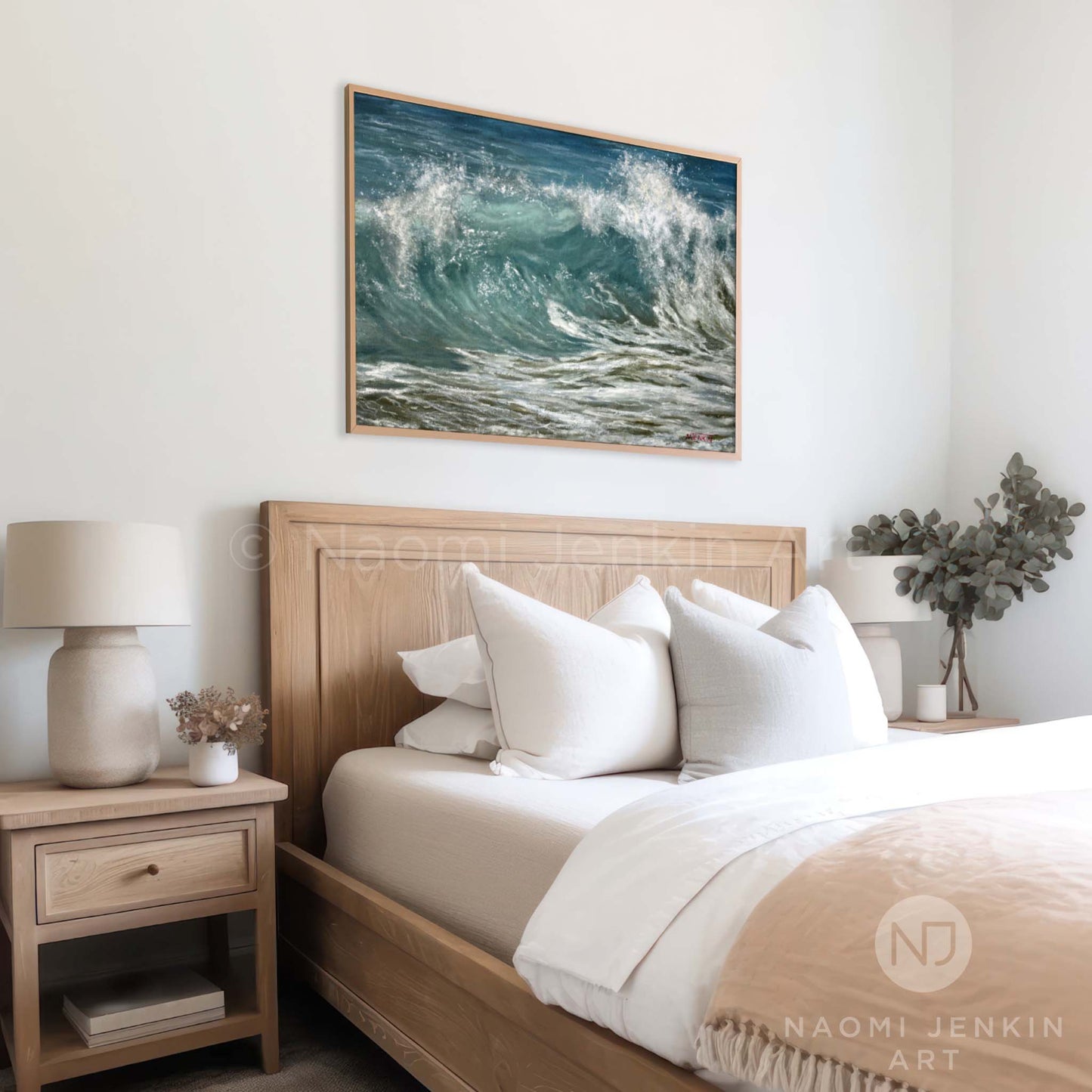 'Churning Water' seascape print in a bedroom setting