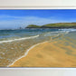 'Constantine Bay Shoreline' seascape painting by Naomi Jenkin framed in a white wooden tray frame