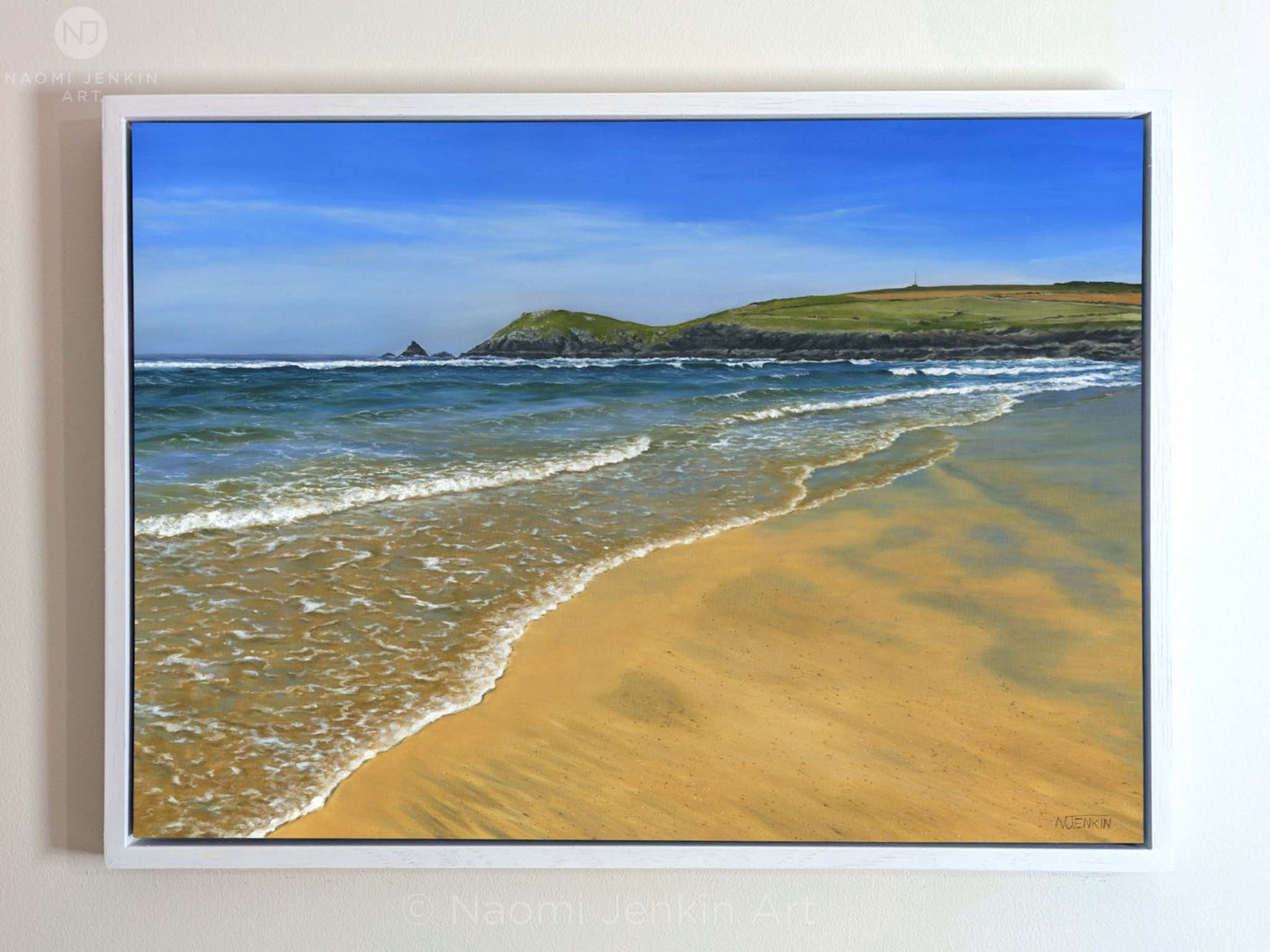 'Constantine Bay Shoreline' seascape painting by Naomi Jenkin framed in a white wooden tray frame