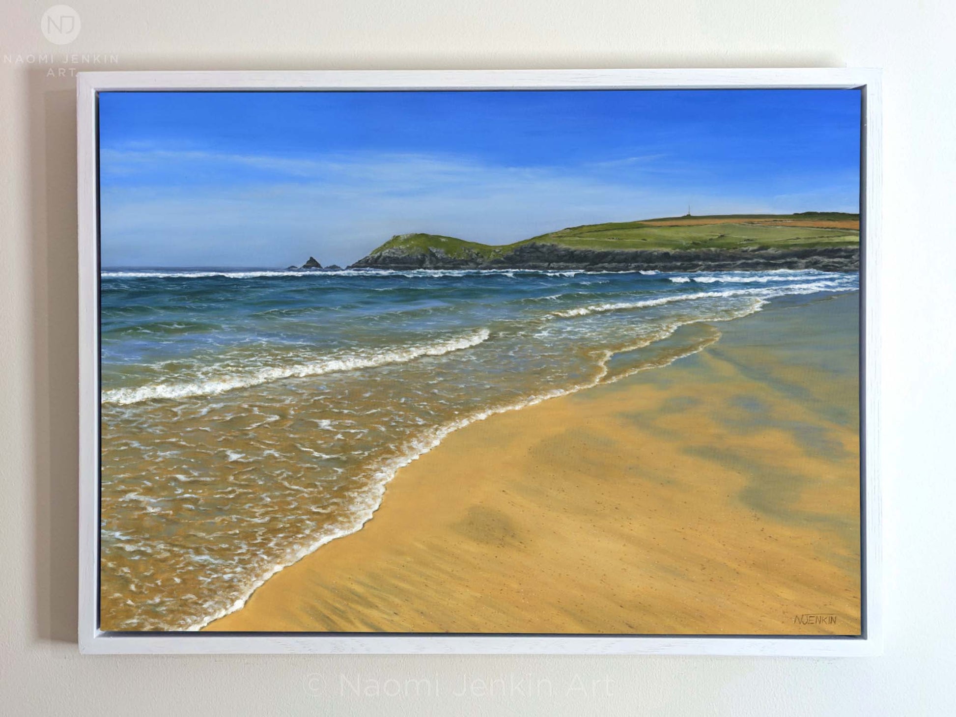 'Constantine Bay Shoreline' seascape painting by Naomi Jenkin framed in a white wooden tray frame