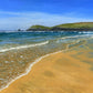 'Constantine Bay Shoreline', original oil seascape painting by Naomi Jenkin, looking across Constantine Beach in Cornwall towards Trevose Head