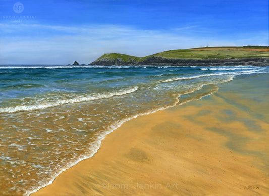'Constantine Bay Shoreline', original oil seascape painting by Naomi Jenkin, looking across Constantine Beach in Cornwall towards Trevose Head