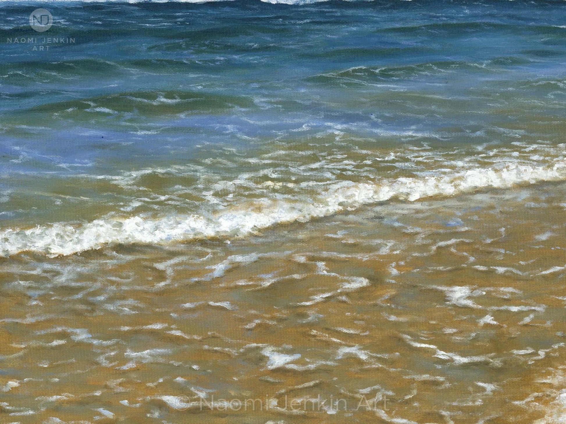 Close-up detail of 'Constantine Bay Shoreline' seascape oil painting by Naomi Jenkin.