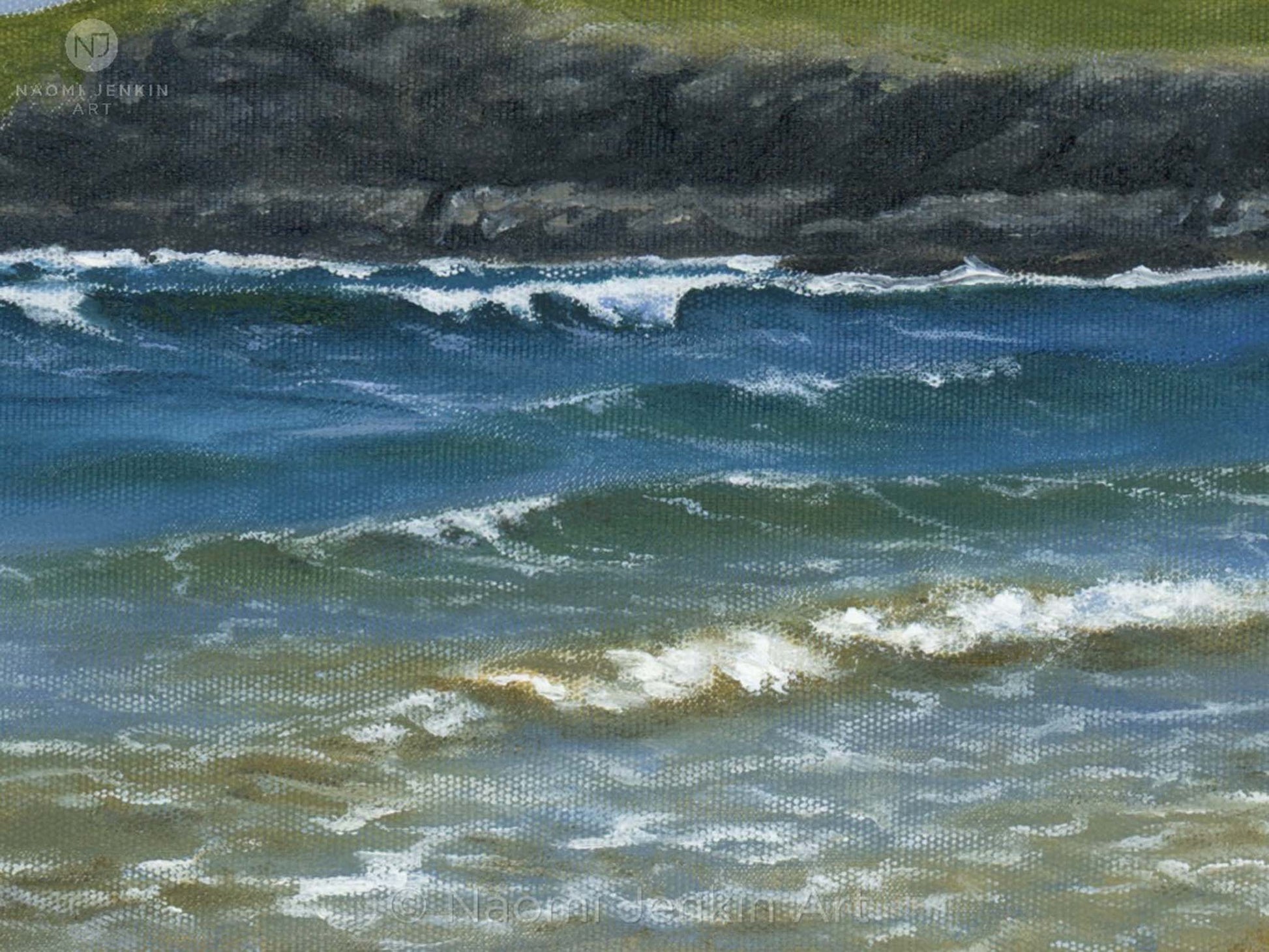 Close-up detail of 'Constantine Bay Shoreline' seascape oil painting by Naomi Jenkin.
