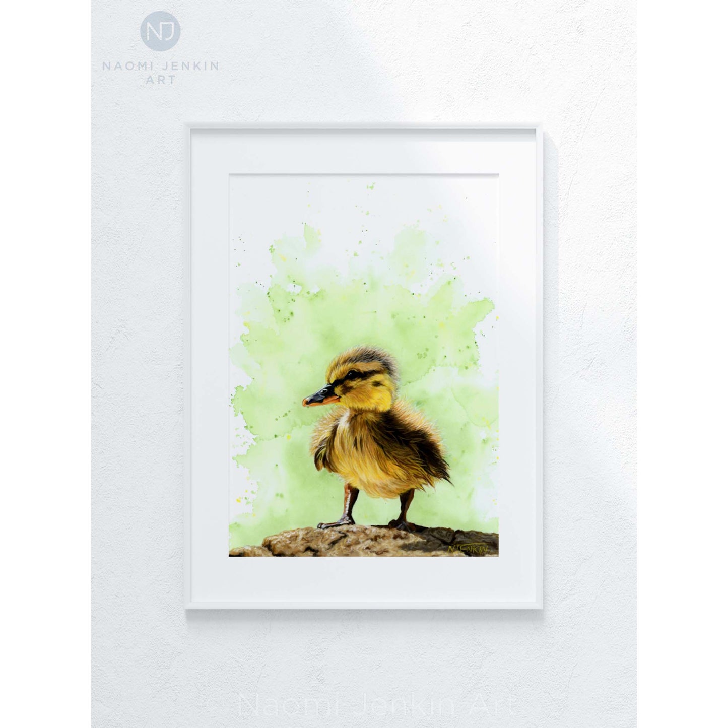 Framed original yellow duckling drawing by Naomi Jenkin Art. 
