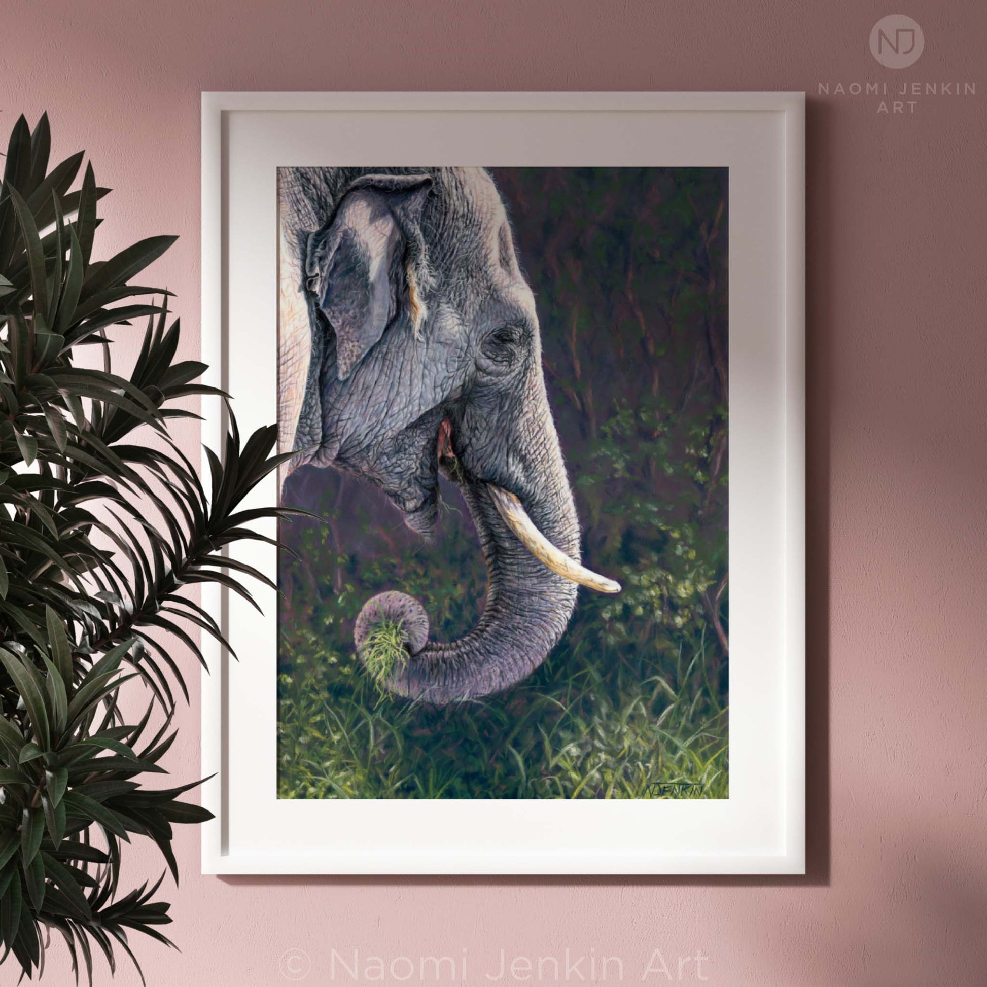 Framed Asian elephant drawing by Naomi Jenkin Art titled "Elephant of the Forest"