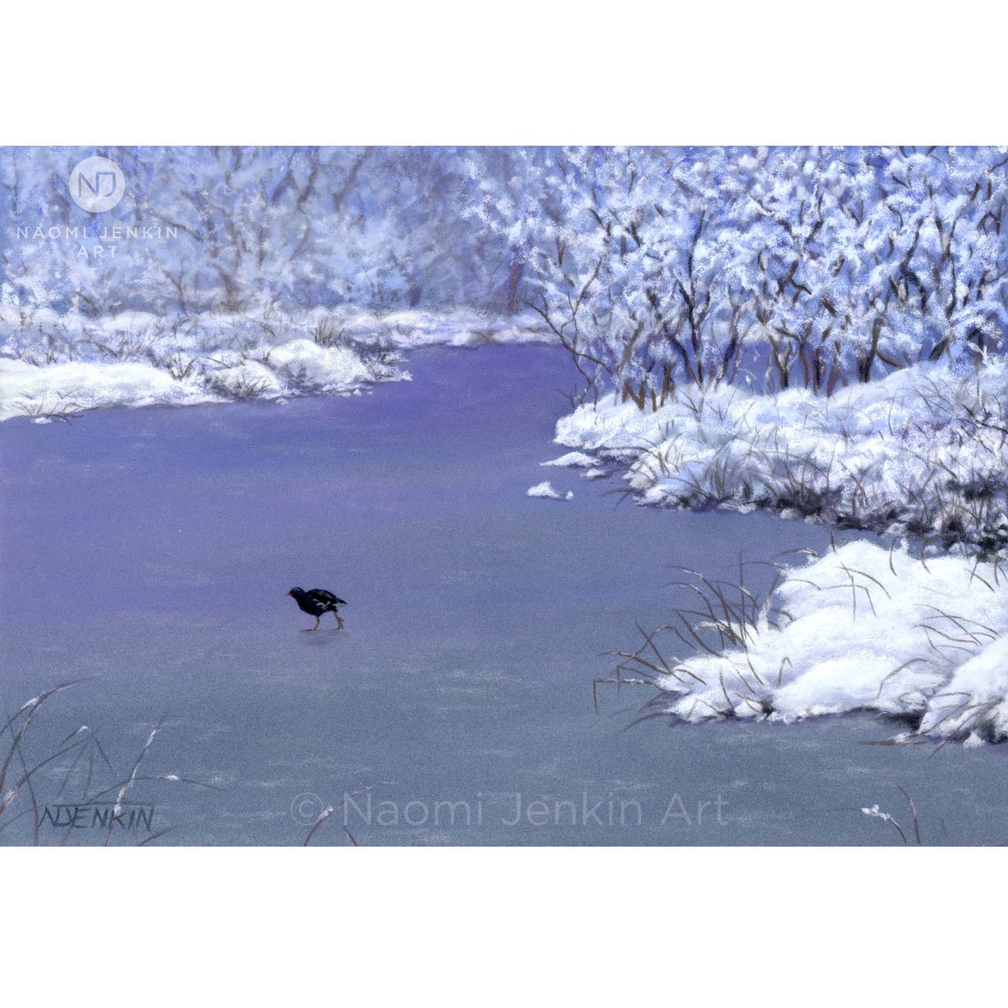 Original winter snow painting "Moorhen On The Ice" by Naomi Jenkin Art