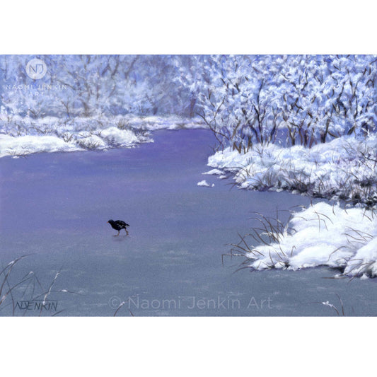 Original winter snow painting "Moorhen On The Ice" by Naomi Jenkin Art