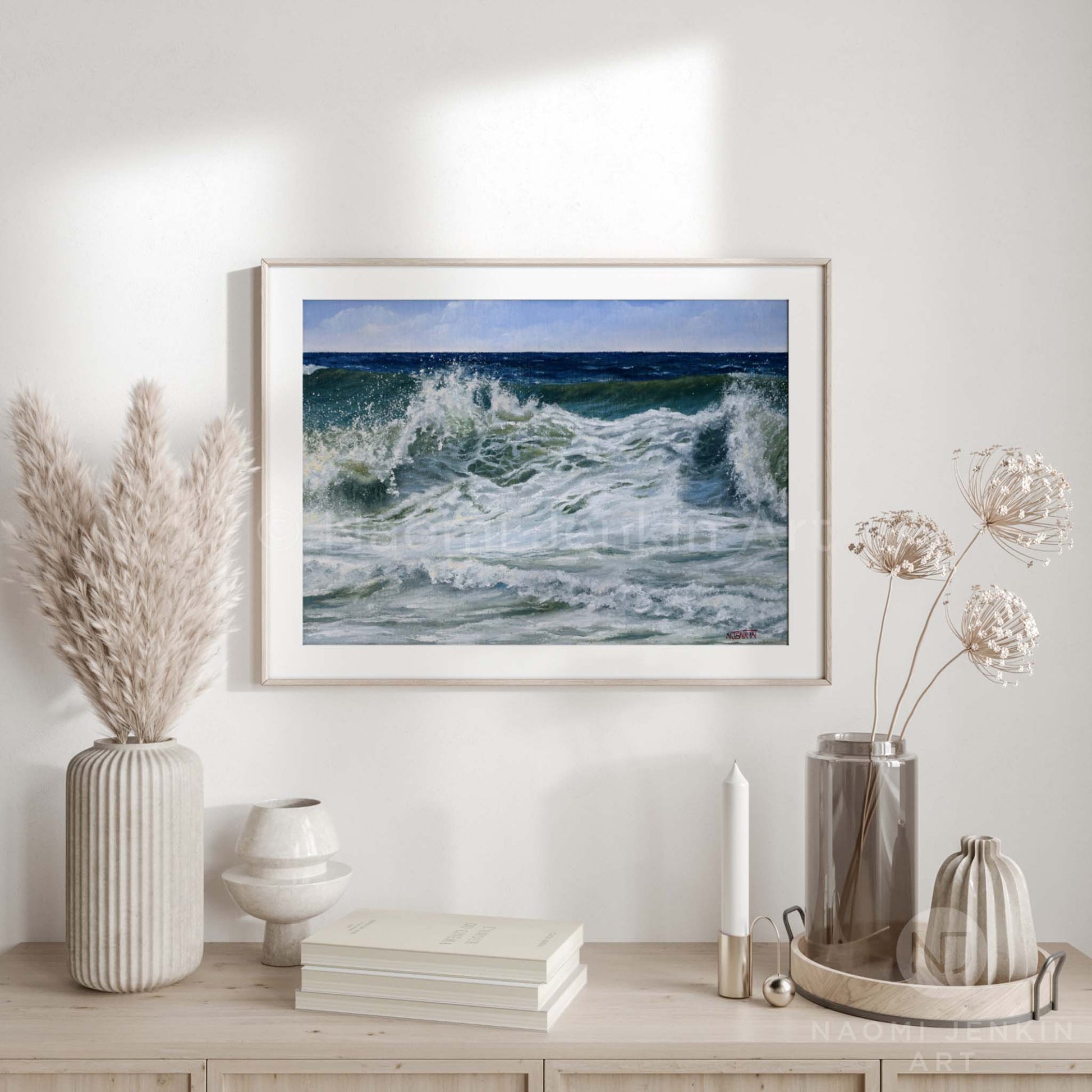 Framed fine art seascape print 'Foamy Surf” by artist Naomi Jenkin