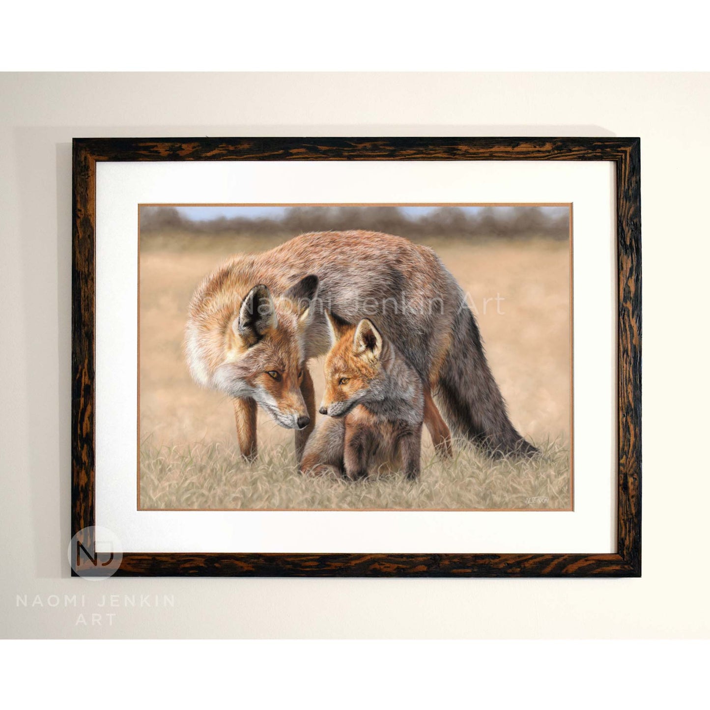 Framed original fox painting 'Heart to Heart' by wildlife artist Naomi Jenkin