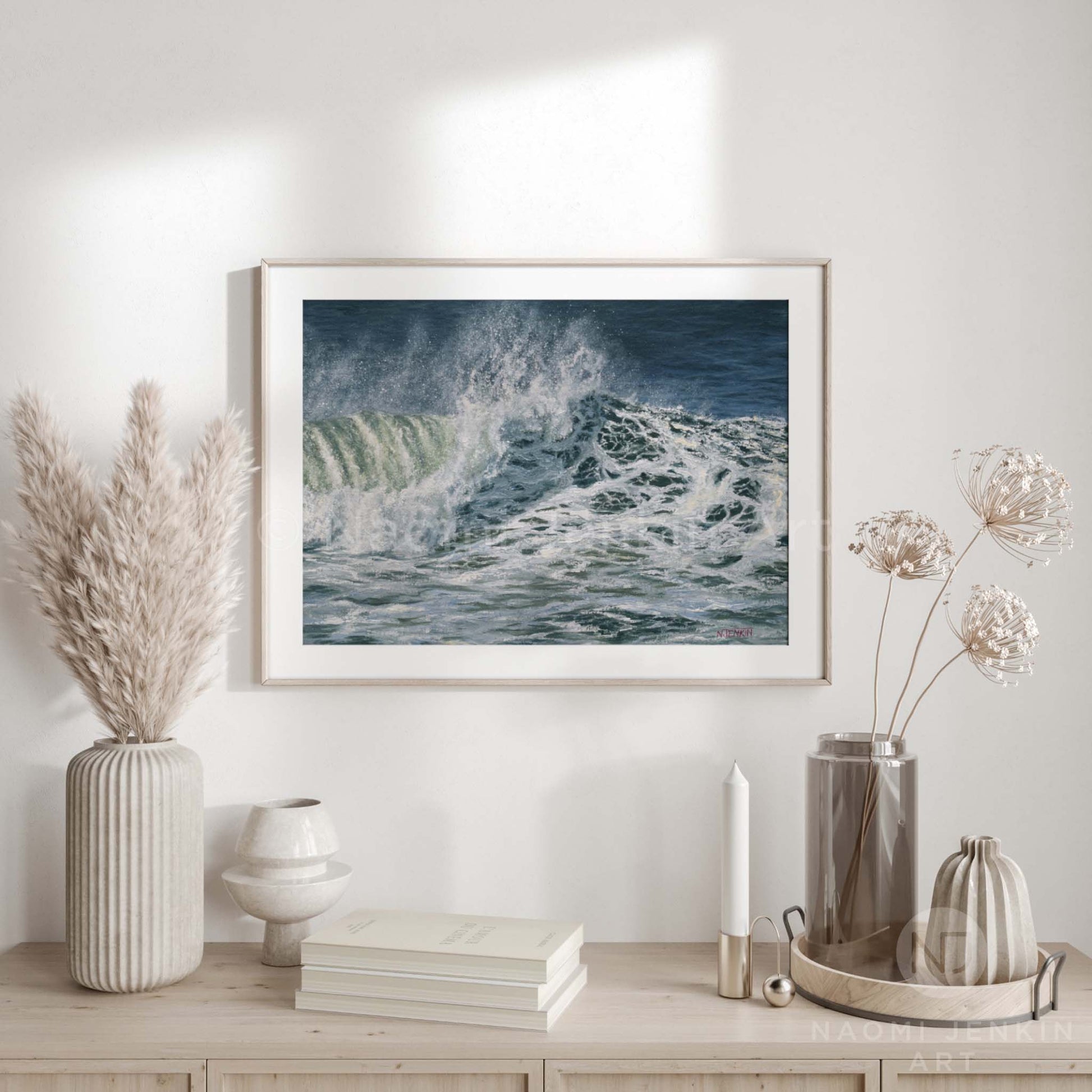 Framed fine art seascape print 'Froth and Spray” on a shelf setting 