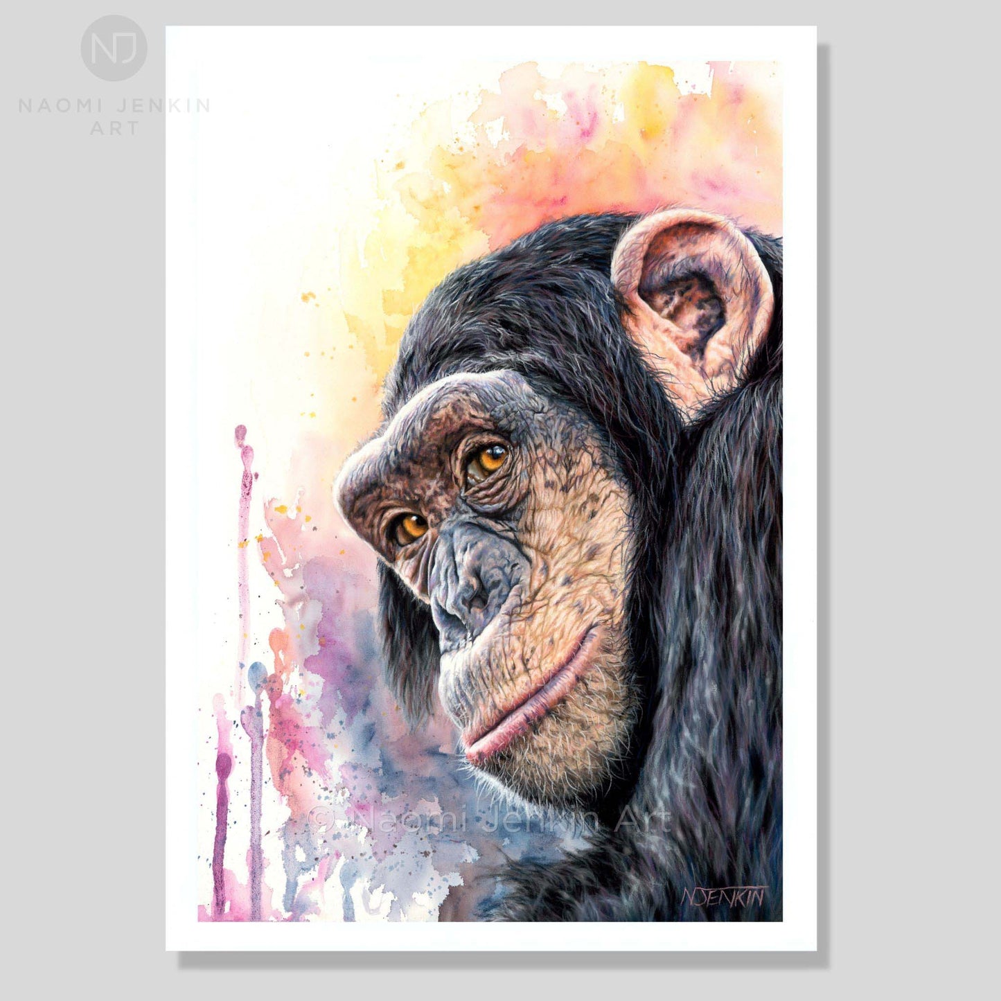 Colourful limited edition chimpanzee art print "Kindred Spirit" by Naomi Jenkin Art