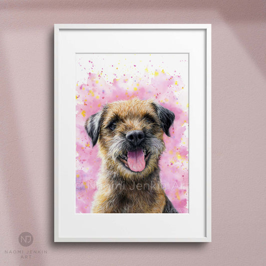 Framed Border Terrier dog art print from an original artwork by Naomi Jenkin.