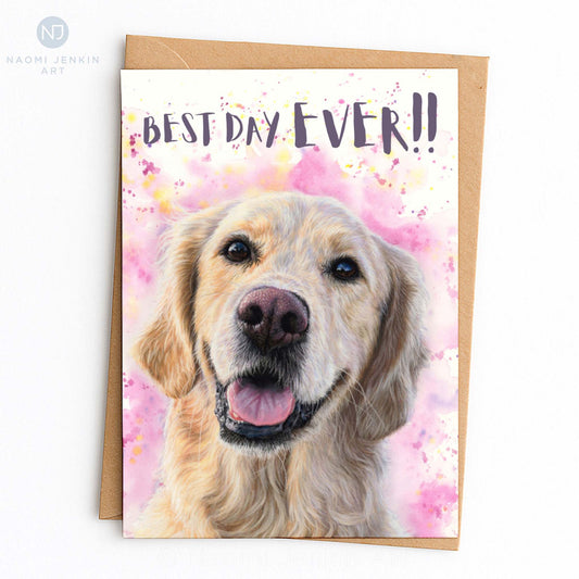 Golden retriever card - birthday, wedding, anniversary celebrations. By Naomi Jenkin Art. 