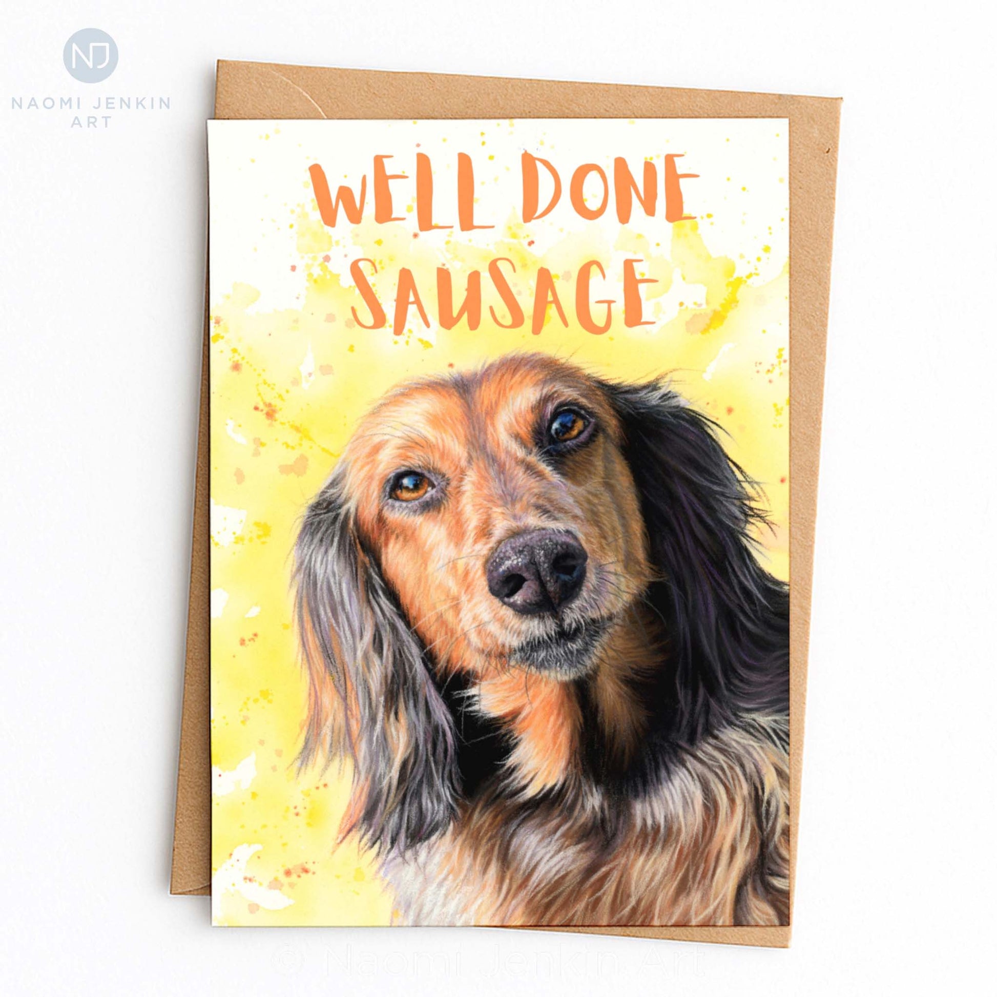 Well Done Sausage - Sausage dog congratulations card by Naomi Jenkin Art