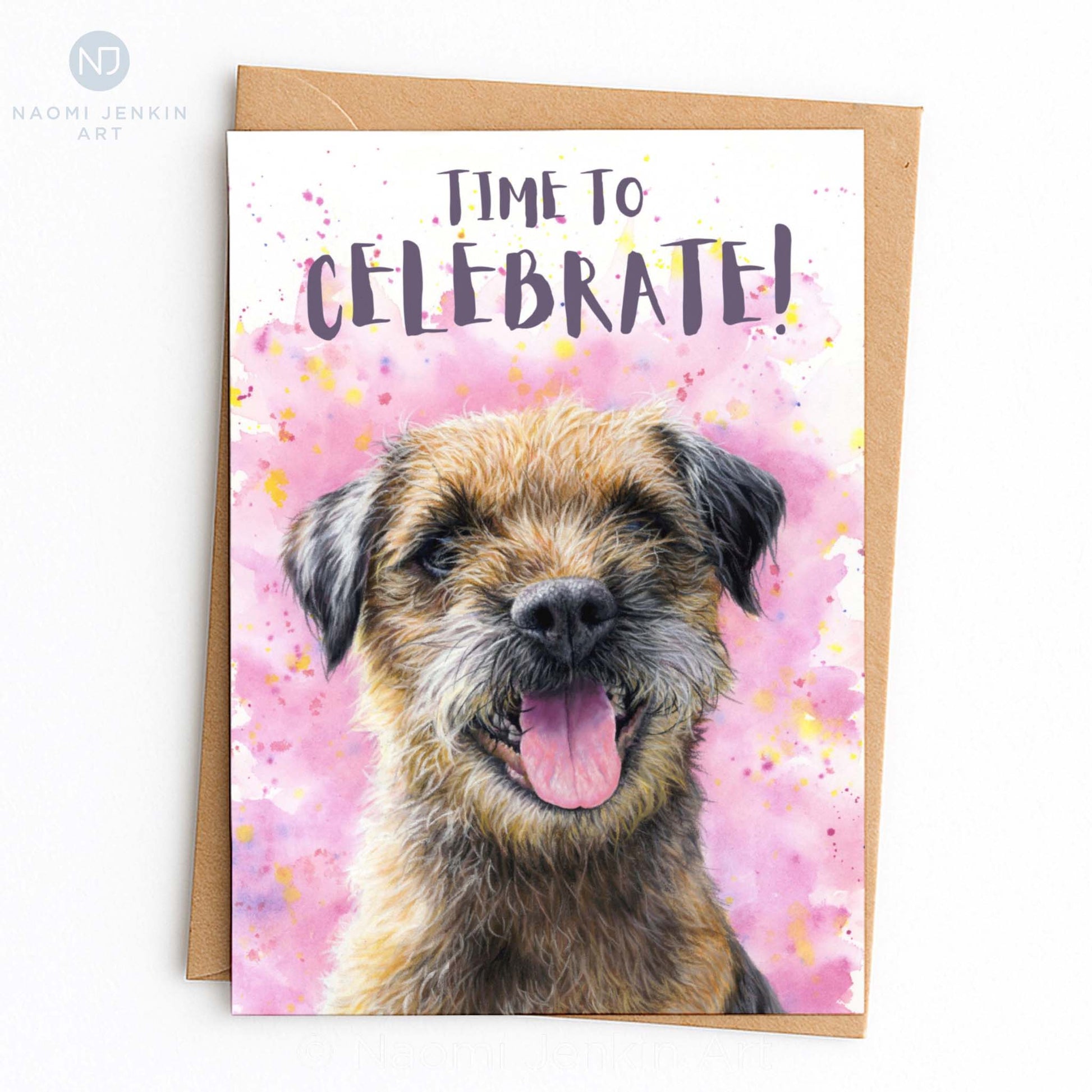 Time To Celebrate! - Border Terrier greeting card by Naomi Jenkin Art.