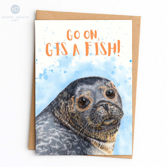 Go On, Gis A Fish - Seal Greeting Card by Naomi Jenkin Art. 