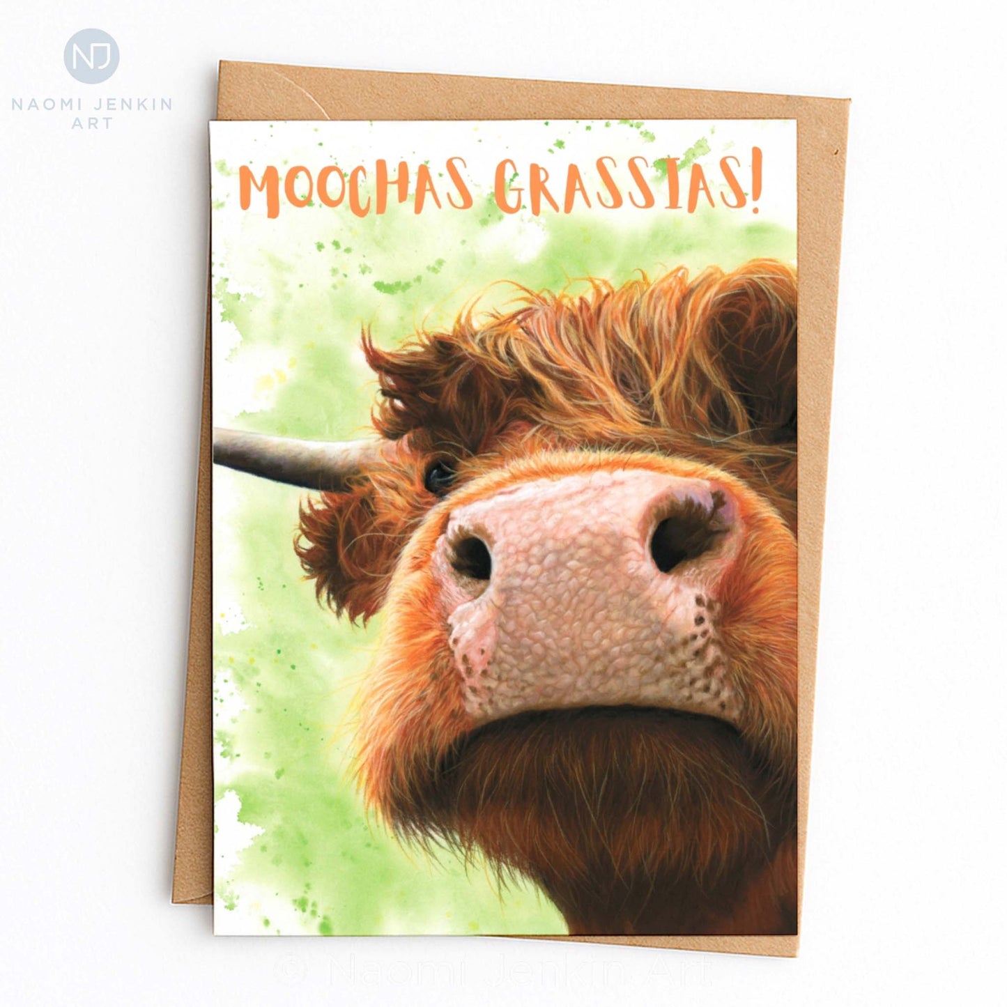Moochas Grassias - Highland Cow Thank You Card - by Naomi Jenkin Art