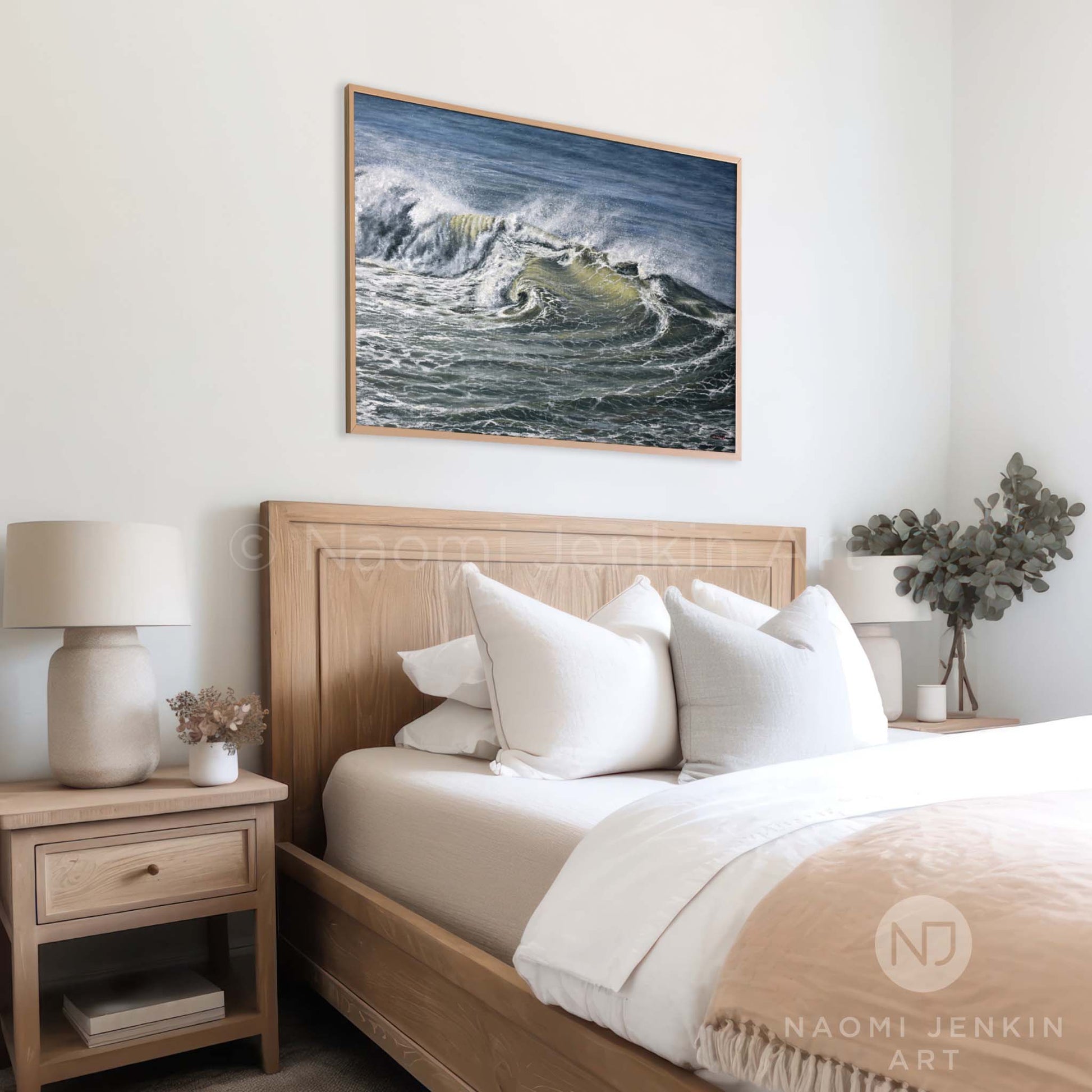 Framed 'Ocean Turmoil' seascape print by Naomi Jenkin in a bedroom setting