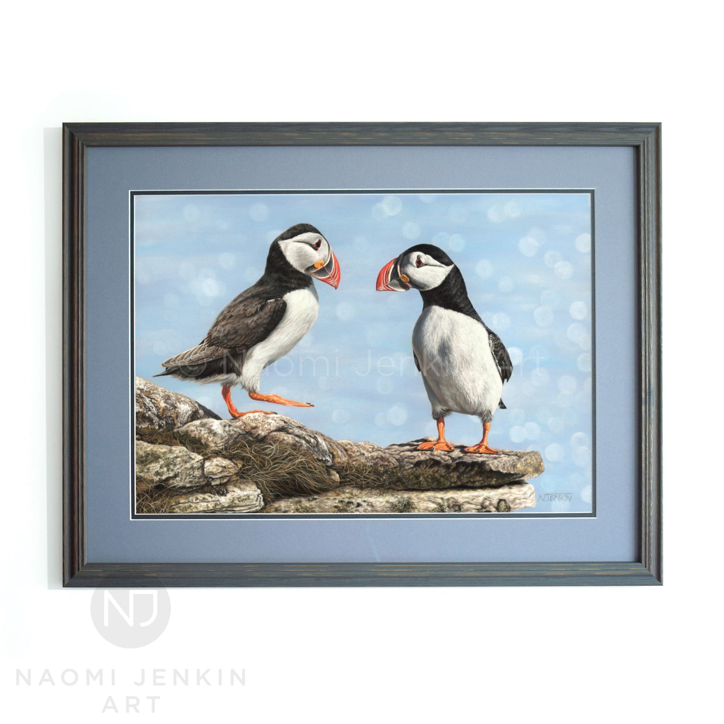 Framed 'Puffins' original wildlife painting by Naomi Jenkin