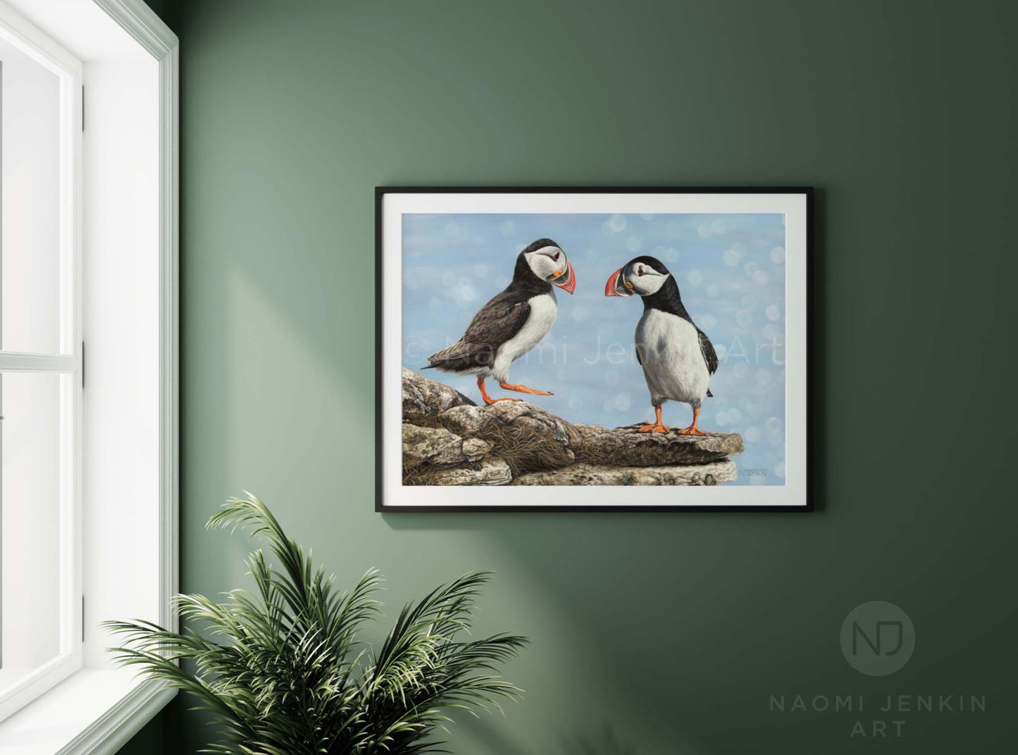 Puffin art print by Naomi Jenkin Art in a living space setting
