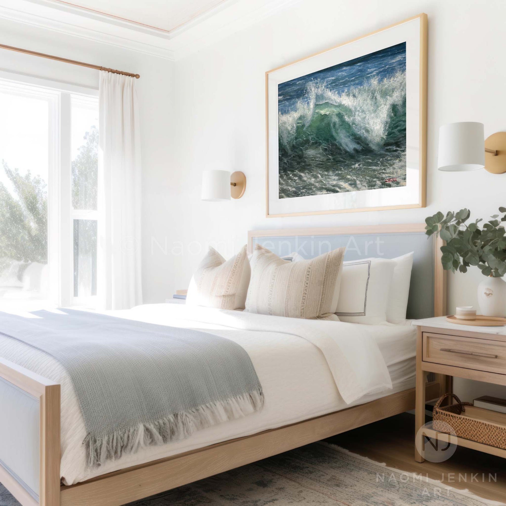 Framed fine art seascape print 'Sea Spray' in a bedroom setting 