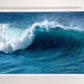 'Clean Break' - oil painting of a clean breaking wave, painted in oil paints on canvas by Naomi Jenkin Art. Framed in a white wooden tray frame. 