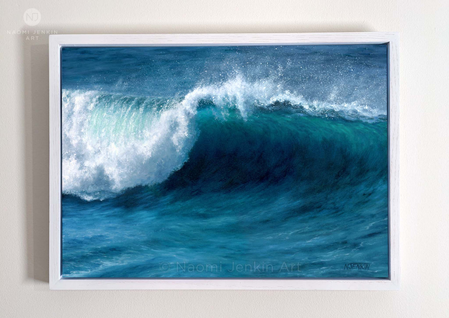 'Clean Break' - oil painting of a clean breaking wave, painted in oil paints on canvas by Naomi Jenkin Art. Framed in a white wooden tray frame. 
