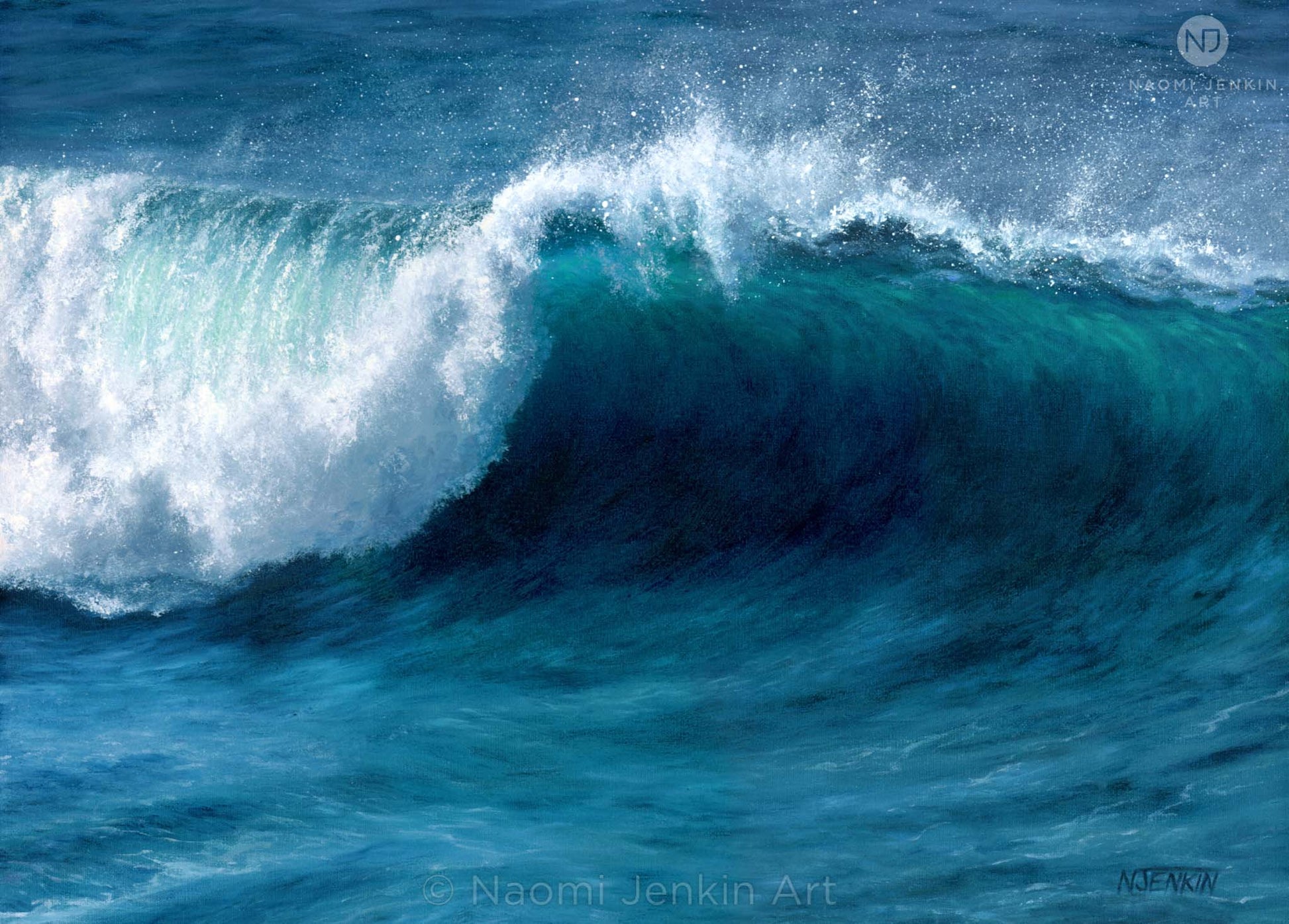 'Clean Break' oil painting of a clean breaking wave, painted in oil paints on canvas by Naomi Jenkin Art. 