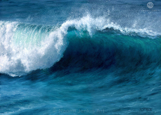 'Clean Break' oil painting of a clean breaking wave, painted in oil paints on canvas by Naomi Jenkin Art. 