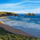 Original oil painting by Naomi Jenkin depicting a bright spring morning at Holywell Bay, Cornwall, looking down from the cliff top towards Gull Rocks and Penhale, with lines of swell rolling into shore and footprints on the sand below.