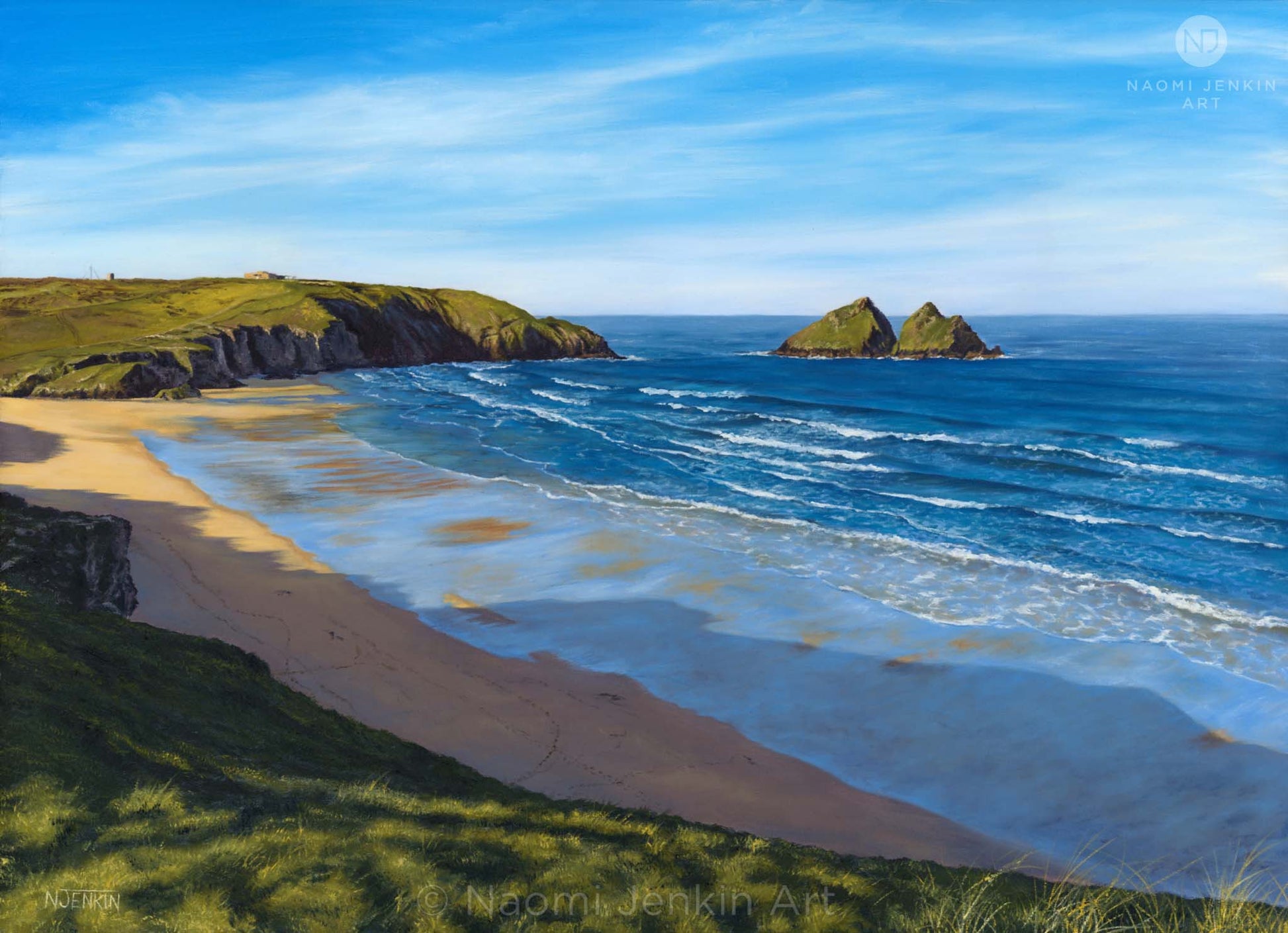 Original oil painting by Naomi Jenkin depicting a bright spring morning at Holywell Bay, Cornwall, looking down from the cliff top towards Gull Rocks and Penhale, with lines of swell rolling into shore and footprints on the sand below.