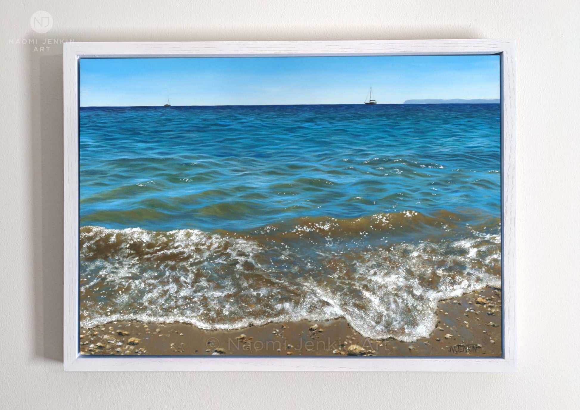 Original oil painting by Naomi Jenkin depicting the shoreline at Lantic Bay, Cornwall on a calm sunny day, with turquoise water, two small yachts on the horizon, and the distant outline of Gribbin Head.