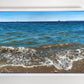 Framed original oil painting by Naomi Jenkin depicting the shoreline at Lantic Bay, Cornwall on a calm sunny day, with turquoise water, two small yachts on the horizon, and the distant outline of Gribbin Head.