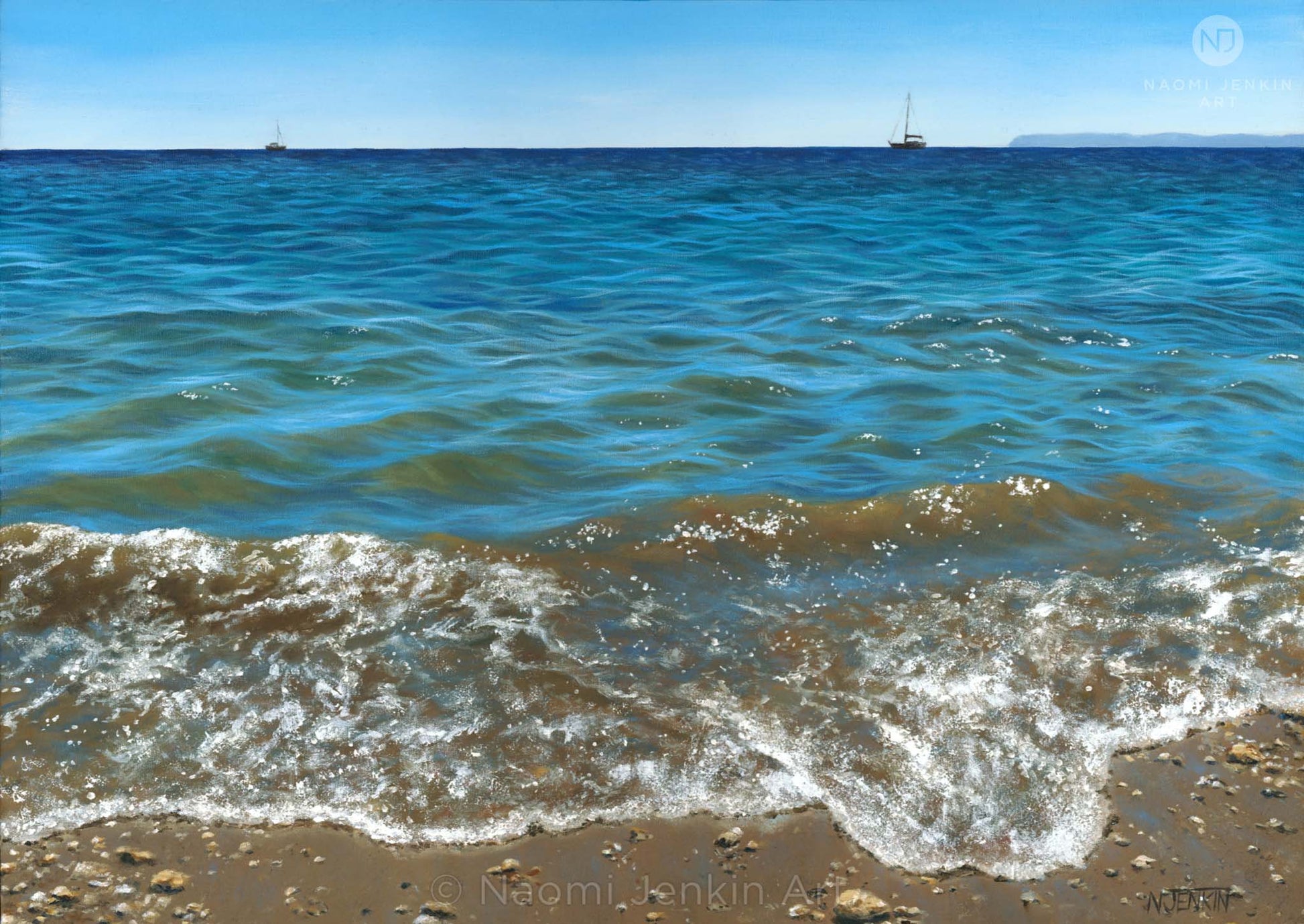 Original oil painting by Naomi Jenkin depicting the shoreline at Lantic Bay, Cornwall on a calm sunny day, with turquoise water, two small yachts on the horizon, and the distant outline of Gribbin Head.