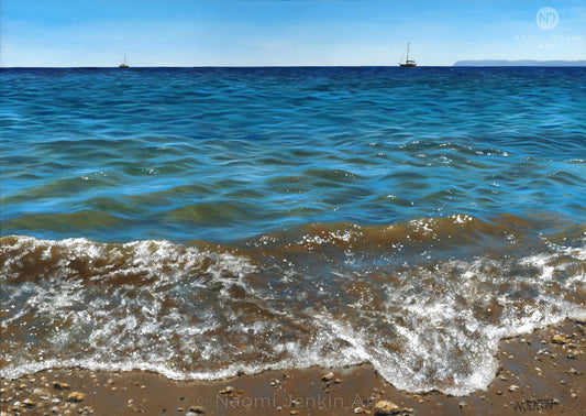 Original oil painting by Naomi Jenkin depicting the shoreline at Lantic Bay, Cornwall on a calm sunny day, with turquoise water, two small yachts on the horizon, and the distant outline of Gribbin Head.