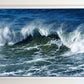 Framed original oil painting by Naomi Jenkin of a large breaking wave on a stormy North Cornish sea, with spray blown back by offshore winds, painted in deep blues and greens