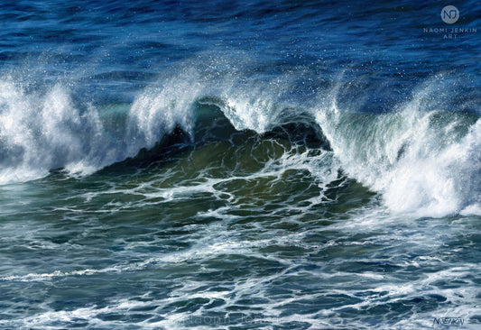 Original oil painting by Naomi Jenkin of a large breaking wave on a stormy North Cornish sea, with spray blown back by offshore winds, painted in deep blues and greens.