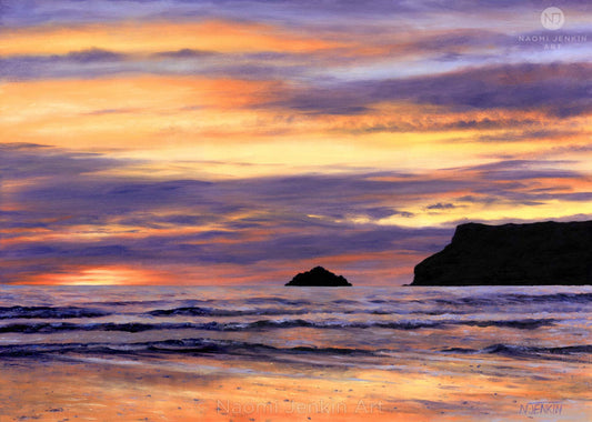 Original oil painting by Naomi Jenkin of a sunset at Polzeath Beach, Cornwall, with a vibrant sky of oranges, yellows and reds, purple clouds, and the inky silhouettes of Pentire Point and Newlands Rock.
