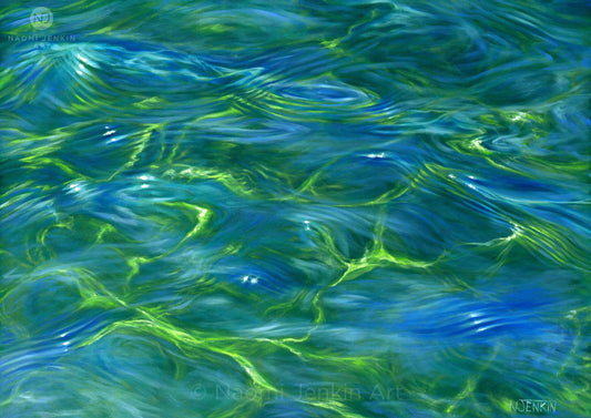 Ripples - original oil painting by Naomi Jenkin showing shallow water in green, yellow and blue with twinkling light reflections. 