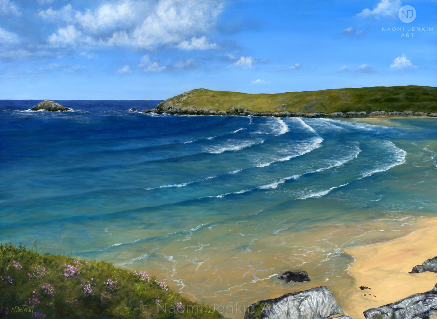 Original oil seascape painting by Naomi Jenkin of Crantock Bay, Cornwall in summer, showing turquoise sea with swell curving into the bay at high tide, sea pinks flowering in the foreground, and Pentire Headland and Goose Rock in the distance.