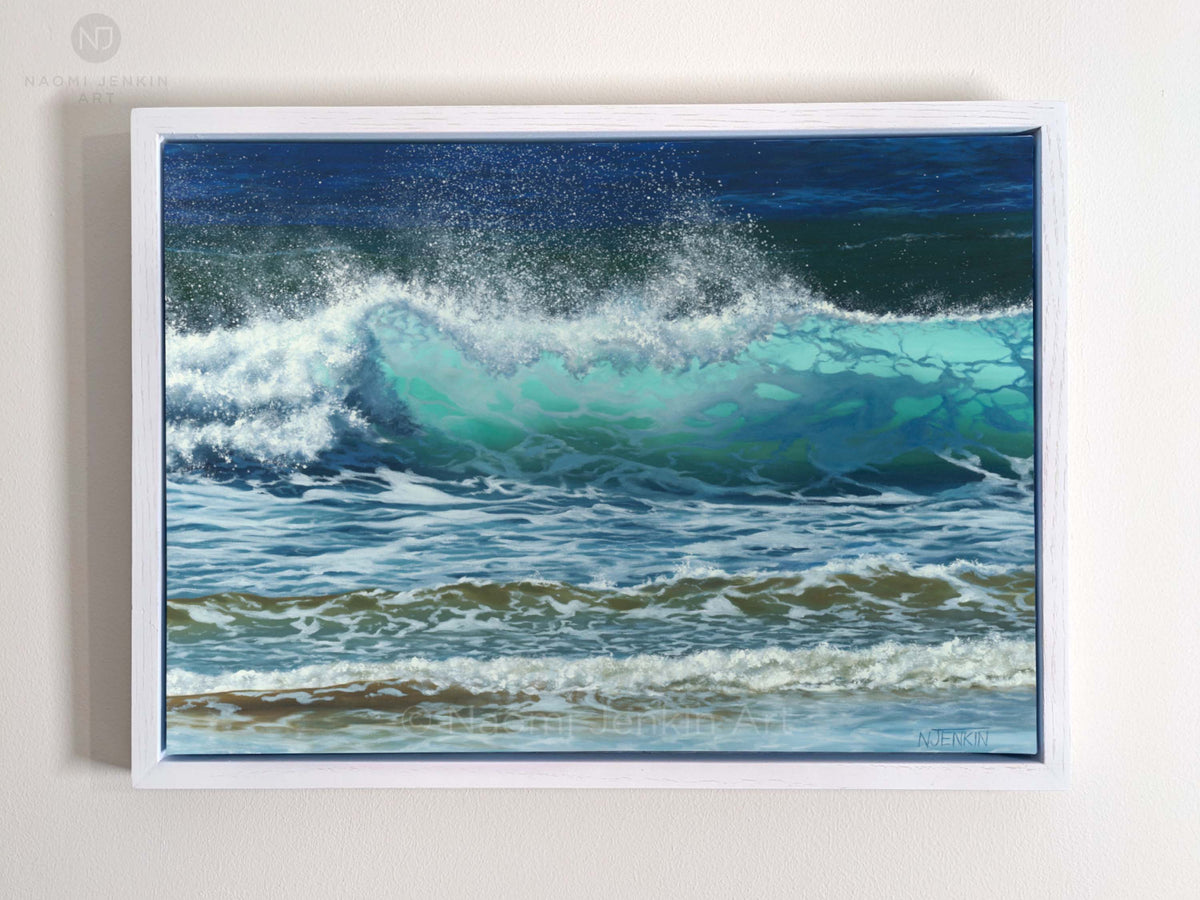 Turquoise Wave seascape painting by Naomi Jenkin in a white wooden tray frame