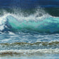 Turquoise Wave seascape painting by Naomi Jenkin showing a brightly lit turquoise wave breaking, with spray blown off the back.