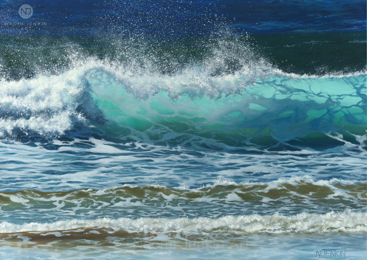 Turquoise Wave seascape painting by Naomi Jenkin showing a brightly lit turquoise wave breaking, with spray blown off the back.