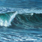 Winter Surf seascape painting by Naomi Jenkin showing a dark emerald wave breaking, with the sun catching the white water.