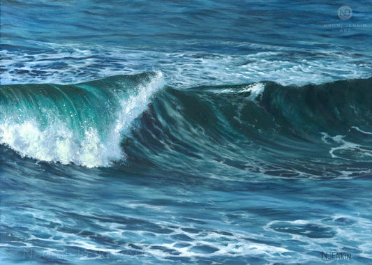 Winter Surf seascape painting by Naomi Jenkin showing a dark emerald wave breaking, with the sun catching the white water.