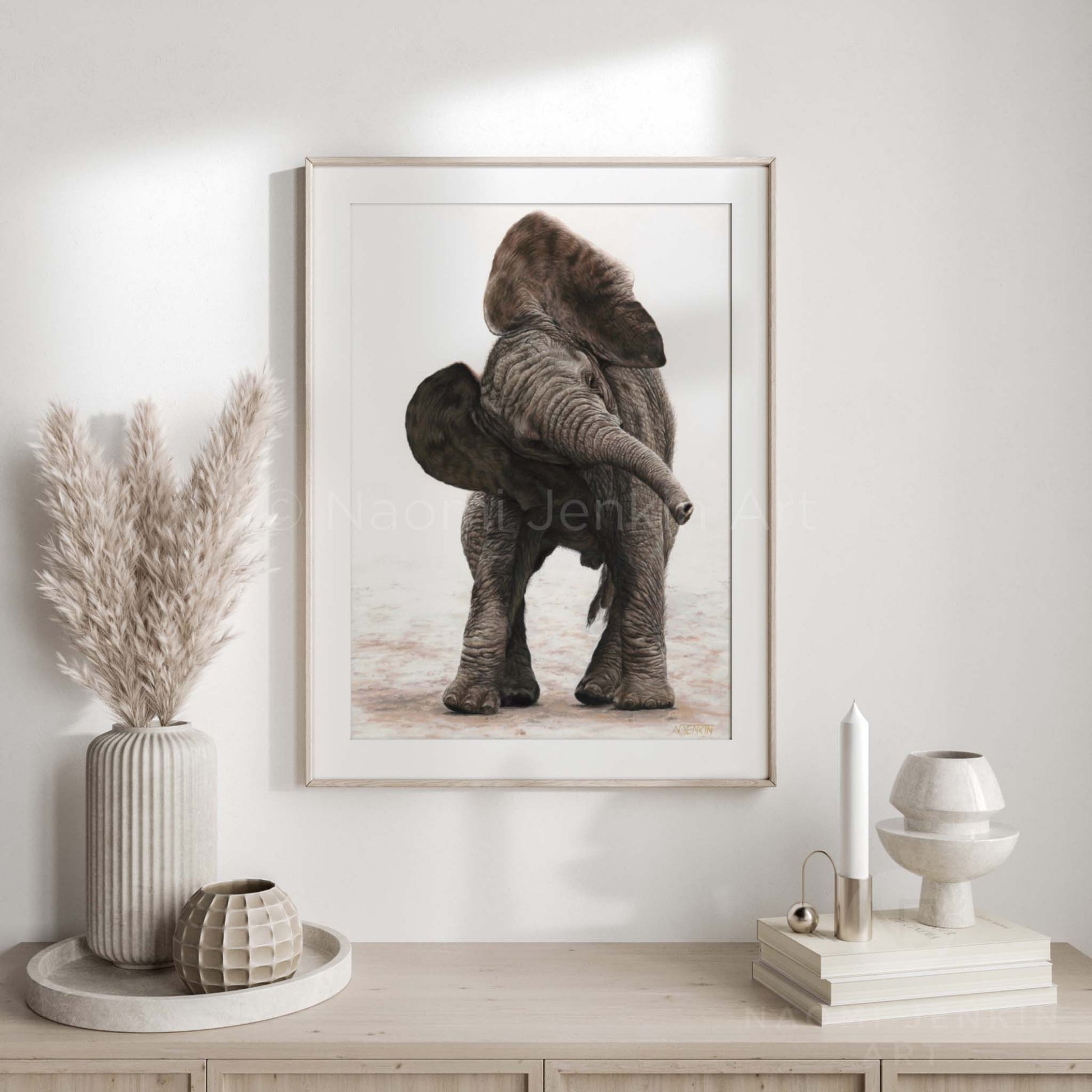 African elephant art print by Naomi Jenkin Art in a white wooden frame