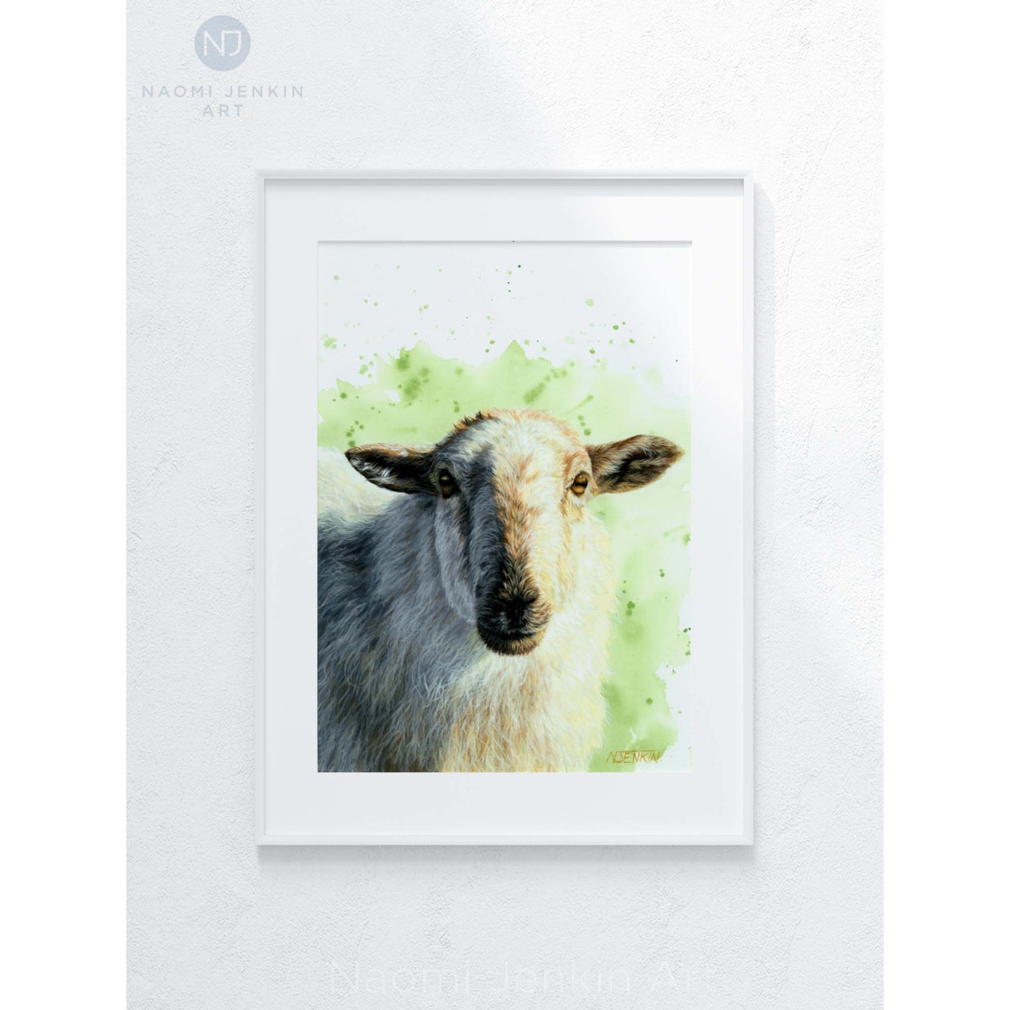 Framed original sheep artwork by Naomi Jenkin Art.