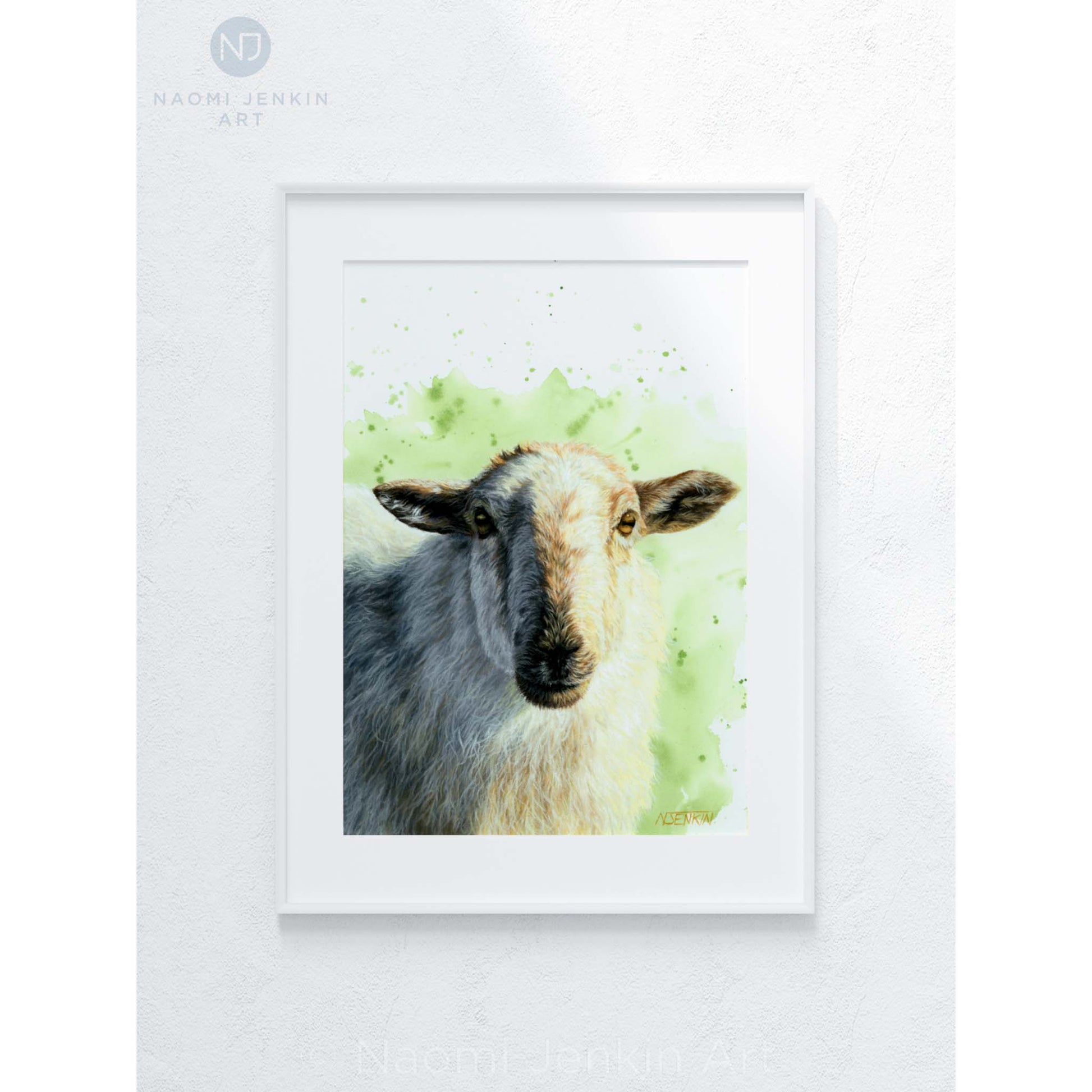 Framed original sheep artwork by Naomi Jenkin Art.