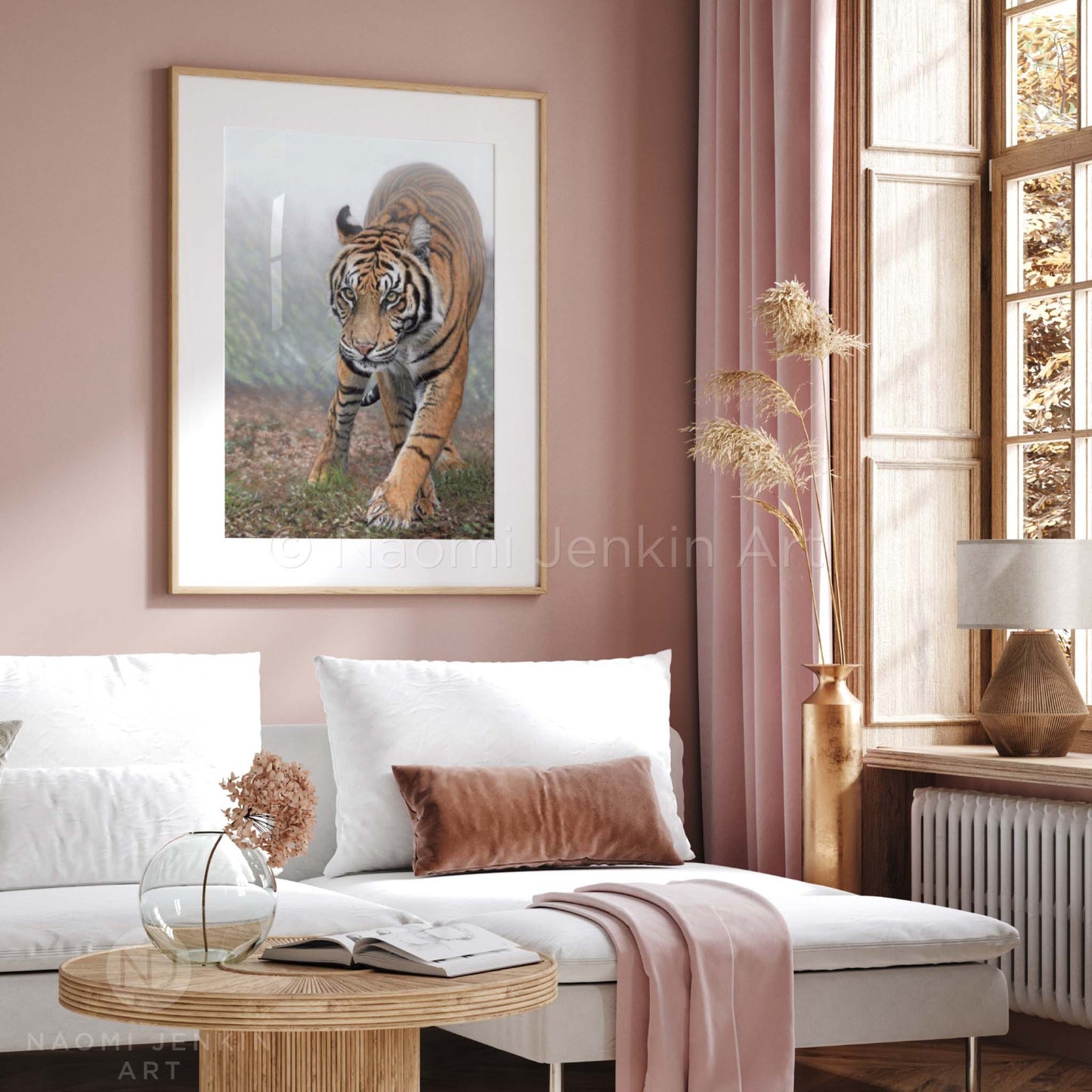 Framed tiger painting "Stealth" in a living room setting by wildlife artist Naomi Jenkin Art